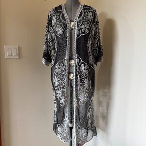 Black Sheer Embroidered Lace Kimono Duster Floral Boho Festival Cardigan